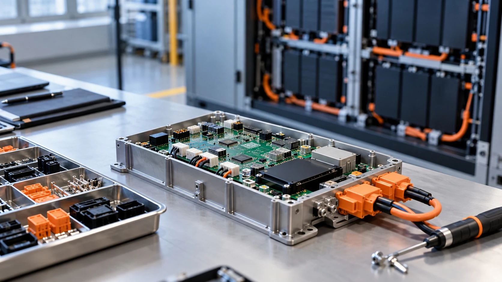Illustrative battery monitoring and component sourcing scene