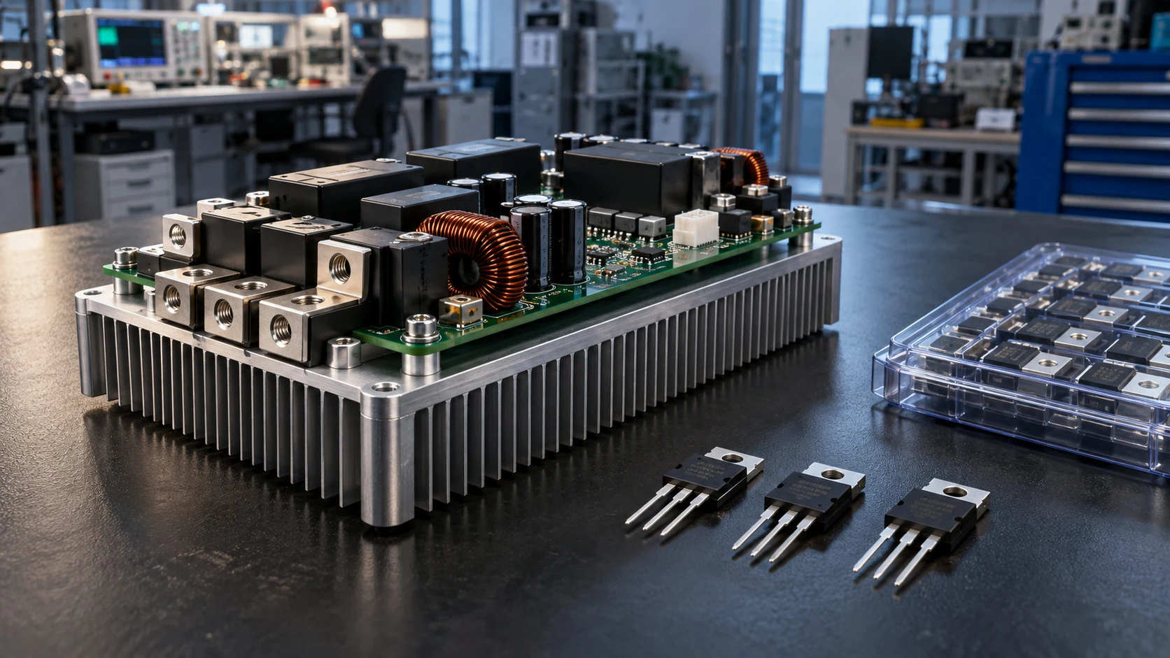 Illustrative power conversion module and semiconductor sourcing scene