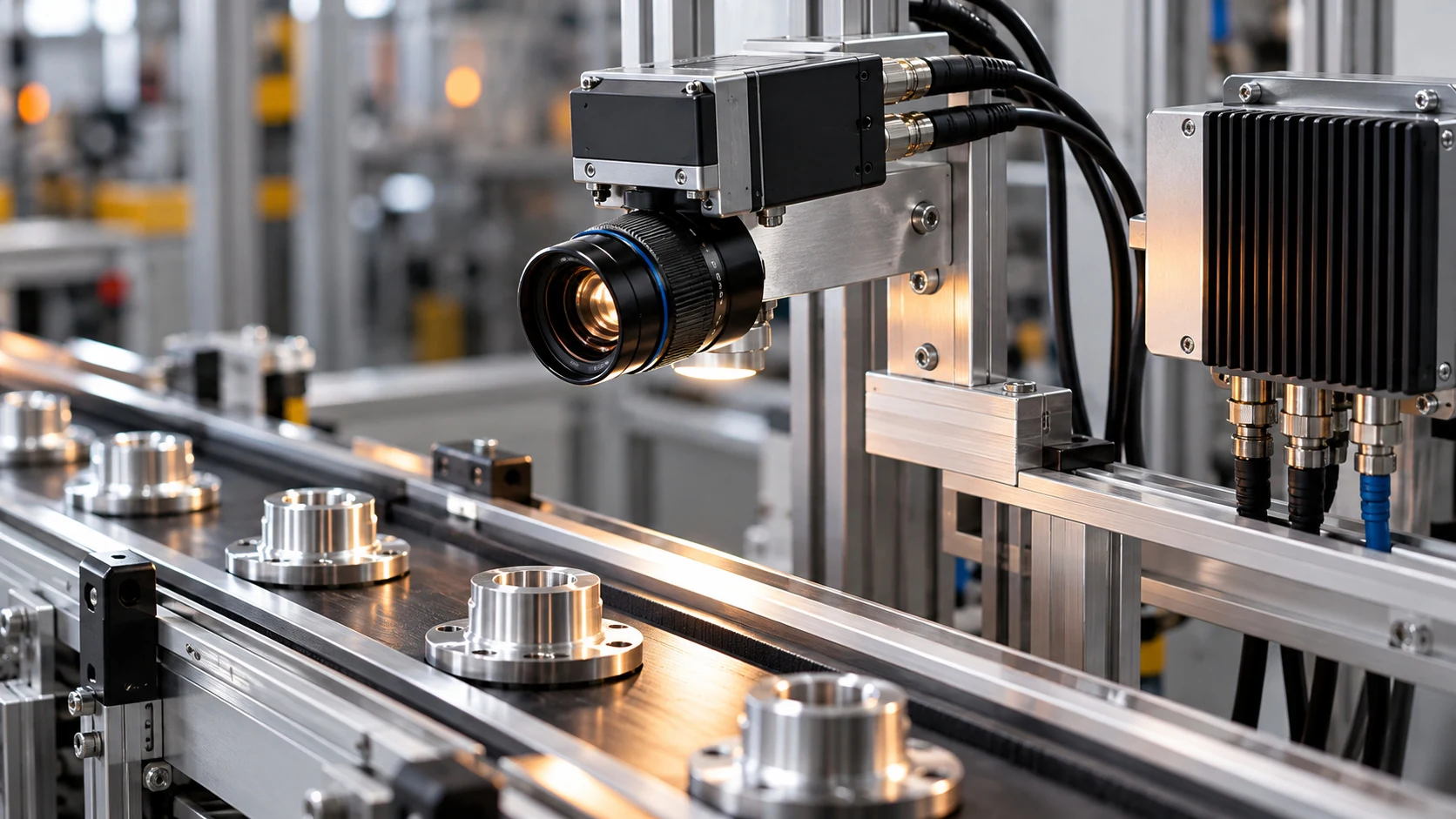 Illustrative production vision inspection and camera electronics scene