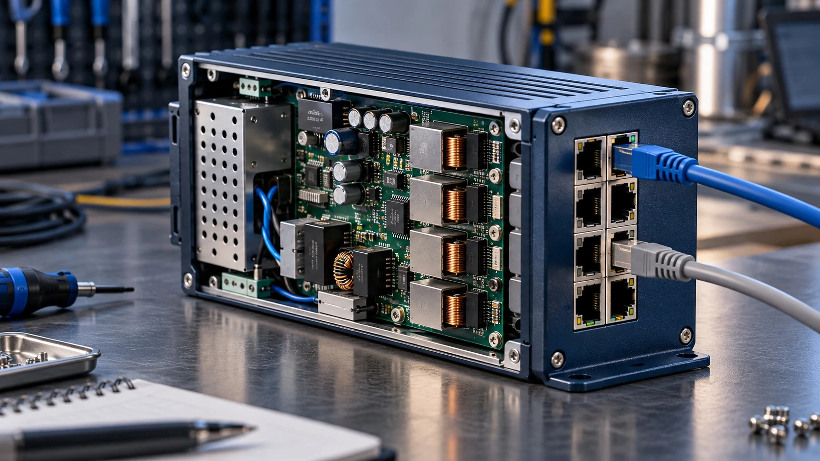 Illustrative PoE power board and industrial Ethernet ports